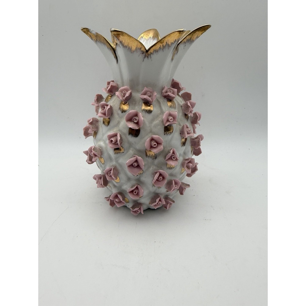 Vintage 1950s Lefton China Pineapple Vase Pink Applied Roses Gold Trim KW7283